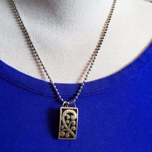 16" Silver Tone Floral Rectangle Pendant Necklace